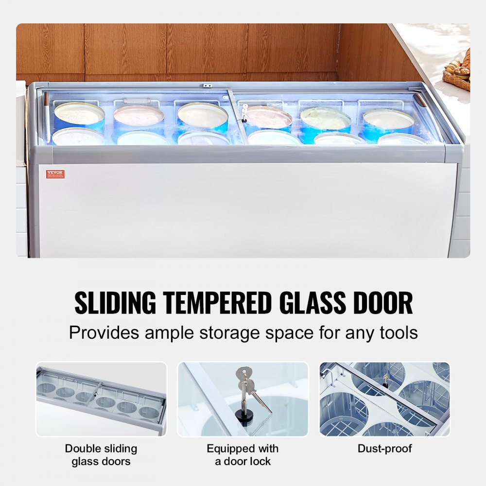 VEVOR Commercial Ice Cream Display Case, 567 L Chest Freezer, Mobile Glass Top Deep Freezer, Restaurant Gelato Dipping Cabinet with 12 Large Tubs, 2 Sliding Glass Doors, Locking Casters, White