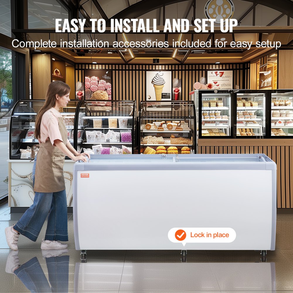 VEVOR Commercial Ice Cream Display Case, 567 L Chest Freezer, Mobile Glass Top Deep Freezer, Restaurant Gelato Dipping Cabinet with 12 Large Tubs, 2 Sliding Glass Doors, Locking Casters, White