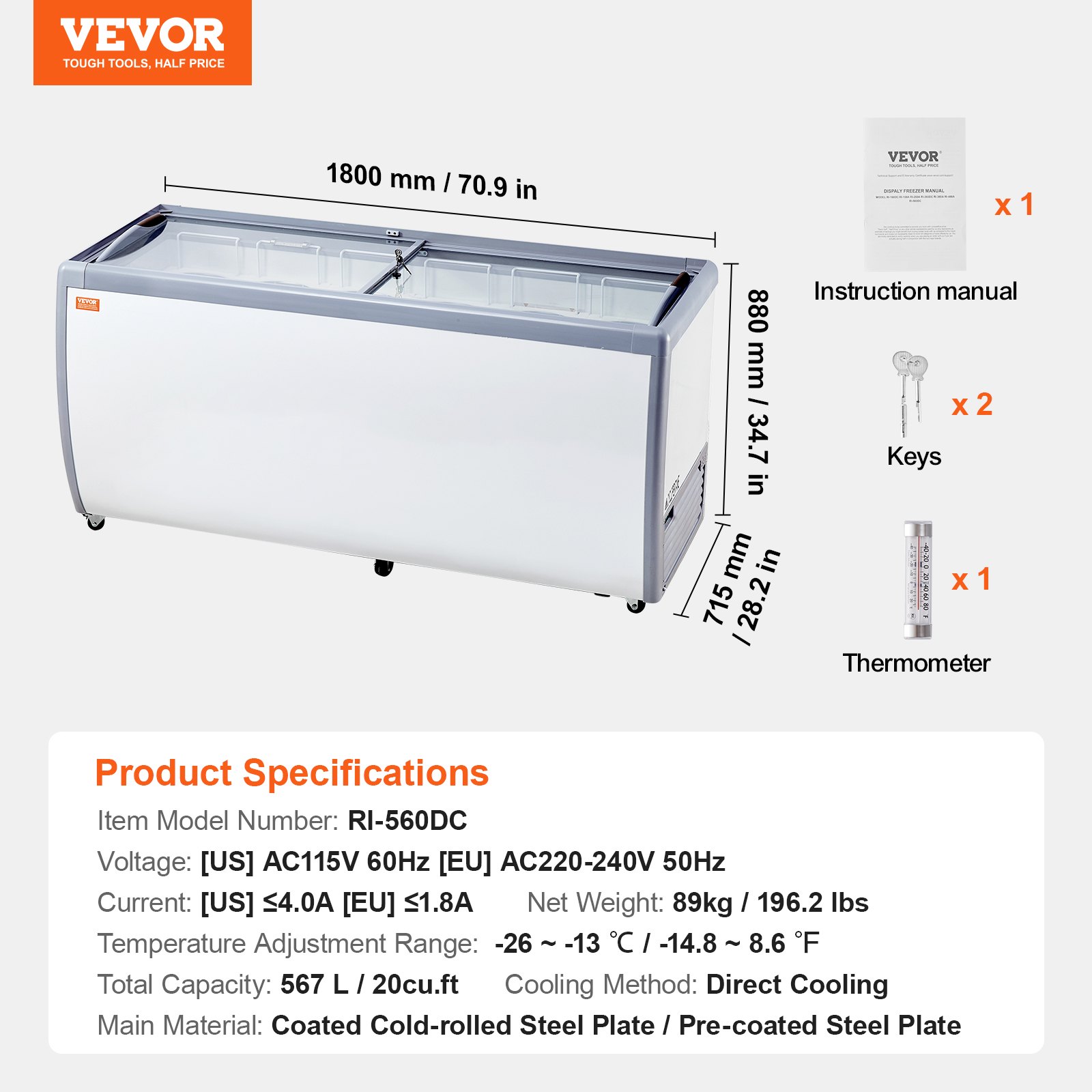 VEVOR Commercial Ice Cream Display Case, 567 L Chest Freezer, Mobile Glass Top Deep Freezer, Restaurant Gelato Dipping Cabinet with 12 Large Tubs, 2 Sliding Glass Doors, Locking Casters, White