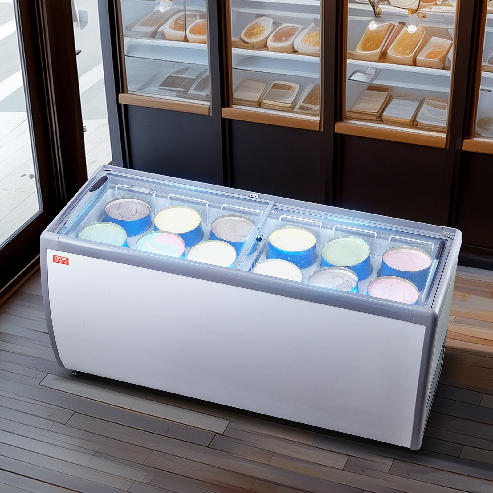 VEVOR Commercial Ice Cream Display Case, 567 L Chest Freezer, Mobile Glass Top Deep Freezer, Restaurant Gelato Dipping Cabinet with 12 Large Tubs, 2 Sliding Glass Doors, Locking Casters, White