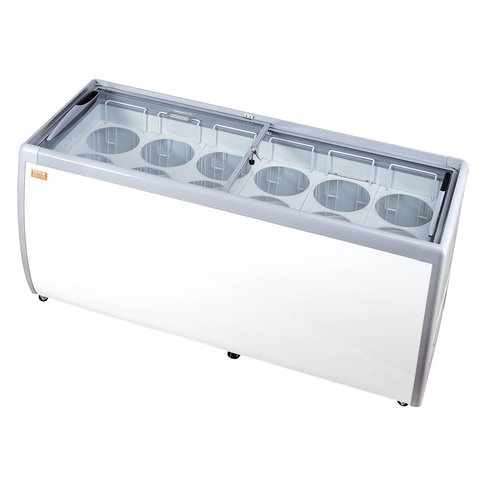 VEVOR Commercial Ice Cream Display Case, 567 L Chest Freezer, Mobile Glass Top Deep Freezer, Restaurant Gelato Dipping Cabinet with 12 Large Tubs, 2 Sliding Glass Doors, Locking Casters, White