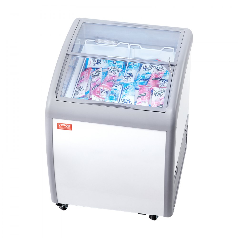 VEVOR ice cream display freezer showcasing popsicles in a sleek, gray design with a transparent top lid.