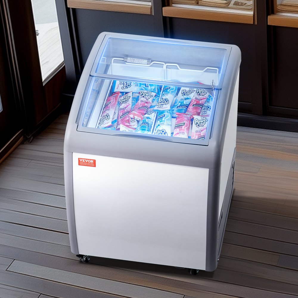 VEVOR Commercial Ice Cream Display Case, 154 L Chest Freezer, Mobile Glass Top Deep Freezer, Restaurant Gelato Dipping Cabinet with 2 Wire Baskets, 2 Sliding Glass Doors, Locking Casters, White
