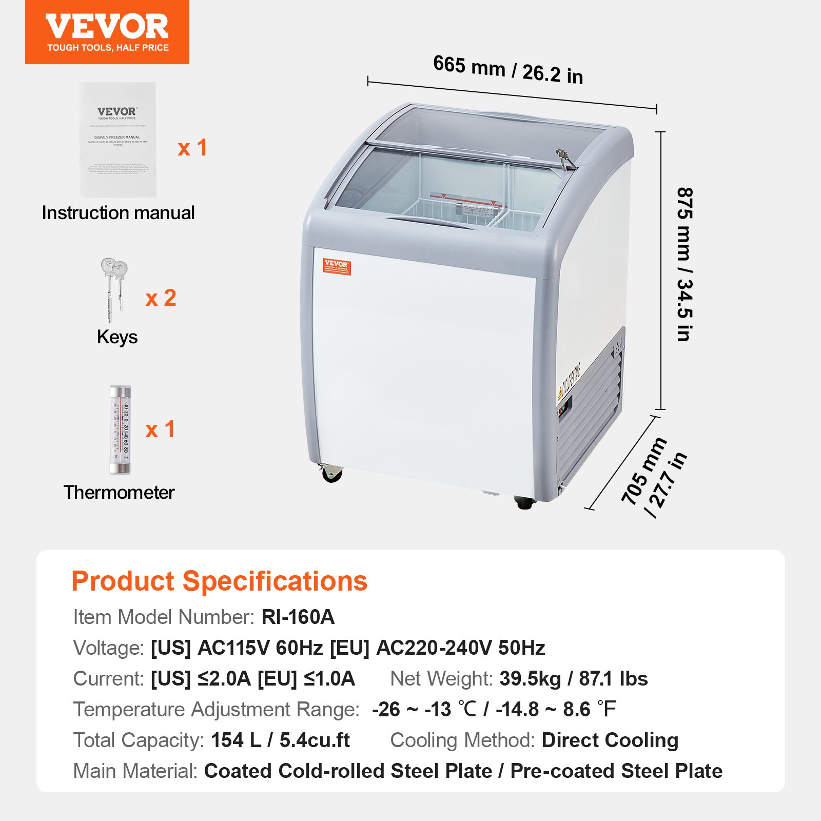 VEVOR Commercial Ice Cream Display Case, 154 L Chest Freezer, Mobile Glass Top Deep Freezer, Restaurant Gelato Dipping Cabinet with 2 Wire Baskets, 2 Sliding Glass Doors, Locking Casters, White