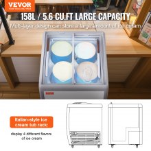 VEVOR Commercial Ice Cream Display Case, 5.6 Cu.ft Chest Freezer, Mobile Glass Top Deep Freezer, Restaurant Gelato Dipping Cabinet with 4 Large Tubs, 2 Sliding Glass Doors, Locking Casters, White