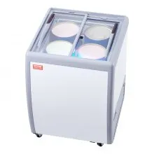 VEVOR Commercial Ice Cream Display Case, 5.6 Cu.ft Chest Freezer, Mobile Glass Top Deep Freezer, Restaurant Gelato Dipping Cabinet with 4 Large Tubs, 2 Sliding Glass Doors, Locking Casters, White