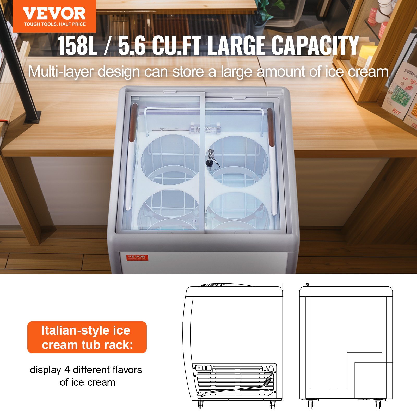VEVOR Commercial Ice Cream Display Case, 158 L Chest Freezer, Mobile Glass Top Deep Freezer, Restaurant Gelato Dipping Cabinet, 2 Sliding Glass Doors, Locking Casters, White