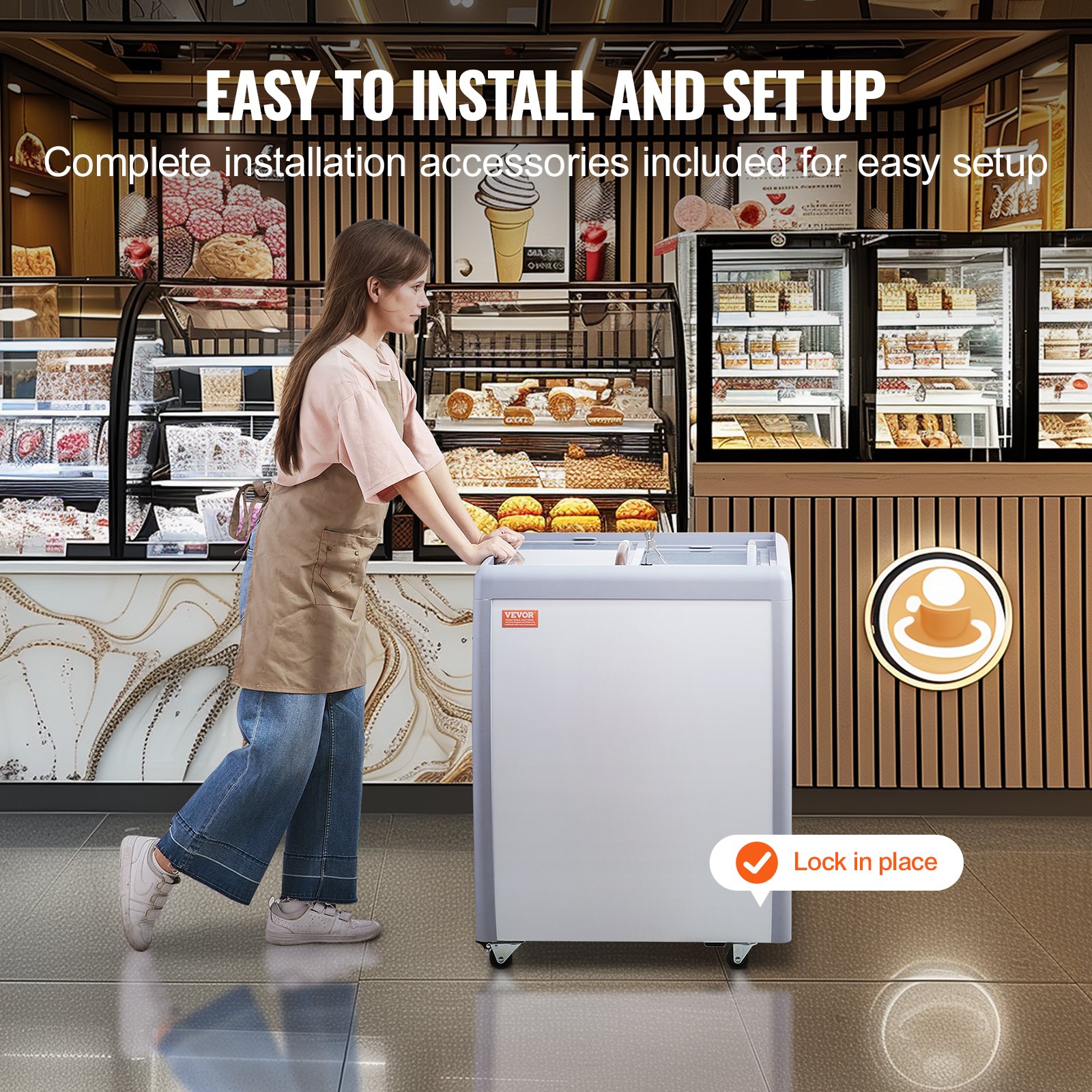 VEVOR Commercial Ice Cream Display Case, 158 L Chest Freezer, Mobile Glass Top Deep Freezer, Restaurant Gelato Dipping Cabinet, 2 Sliding Glass Doors, Locking Casters, White