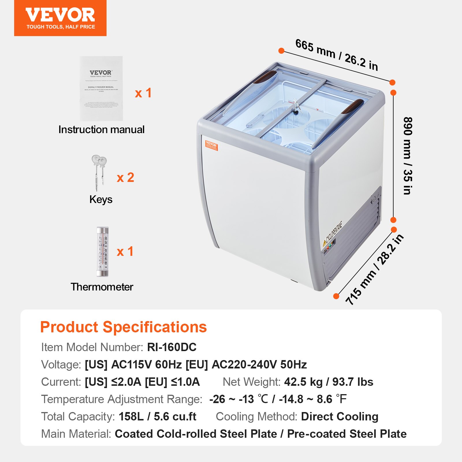 VEVOR Commercial Ice Cream Display Case, 158 L Chest Freezer, Mobile Glass Top Deep Freezer, Restaurant Gelato Dipping Cabinet, 2 Sliding Glass Doors, Locking Casters, White