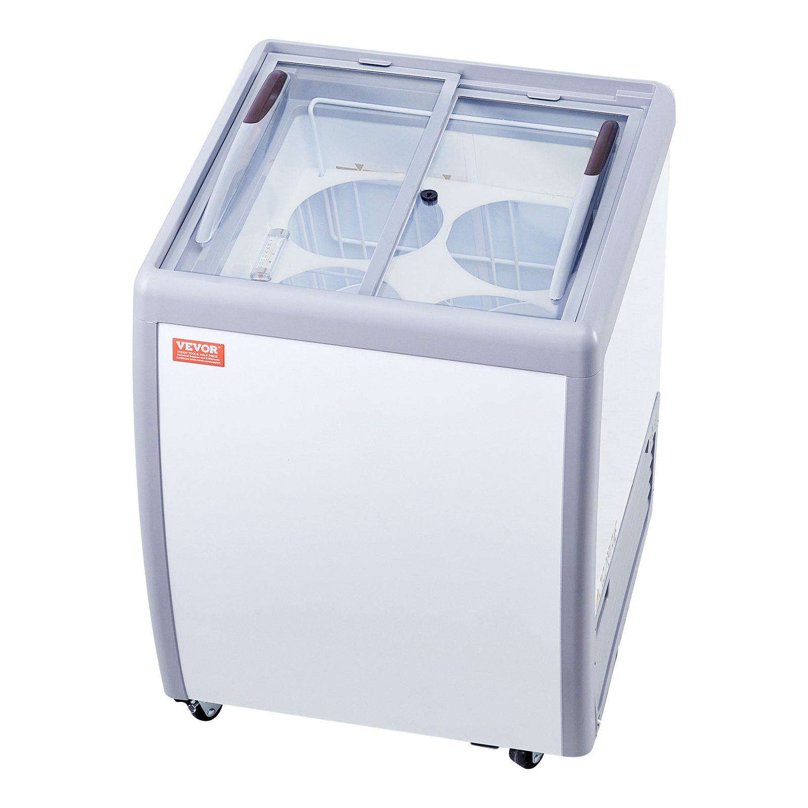 VEVOR Commercial Ice Cream Display Case, 158 L Chest Freezer, Mobile Glass Top Deep Freezer, Restaurant Gelato Dipping Cabinet, 2 Sliding Glass Doors, Locking Casters, White