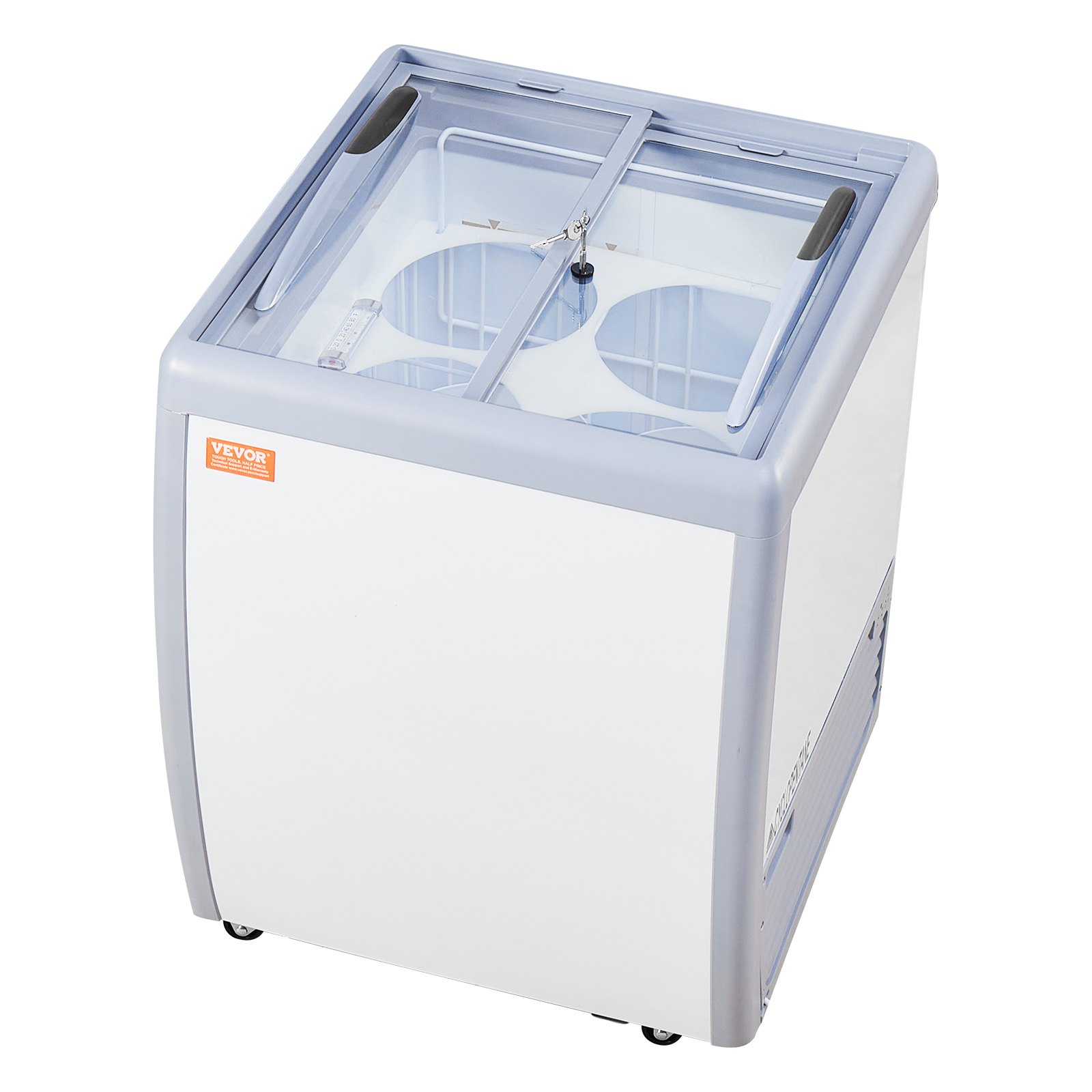 VEVOR Commercial Ice Cream Display Case, 158 L Chest Freezer, Mobile Glass Top Deep Freezer, Restaurant Gelato Dipping Cabinet, 2 Sliding Glass Doors, Locking Casters, White