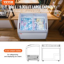 VEVOR Commercial Ice Cream Display Case, 9.3 Cu.ft Chest Freezer, Mobile Glass Top Deep Freezer, Restaurant Gelato Dipping Cabinet with 3 Wire Baskets, 2 Sliding Glass Doors, Locking Casters, White