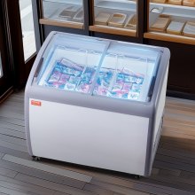 VEVOR Commercial Ice Cream Display Case, 9.3 Cu.ft Chest Freezer, Mobile Glass Top Deep Freezer, Restaurant Gelato Dipping Cabinet with 3 Wire Baskets, 2 Sliding Glass Doors, Locking Casters, White