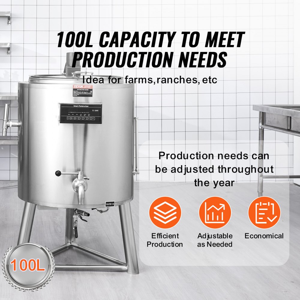 VEVOR Milk Pasteurizer 100L, Commercial Milk Pasteurization Machine, Food Grade 304 Stainless Steel, Professional Pasteurization with Time and Temperature Control, for Milk Juice Yogurt Sterilization