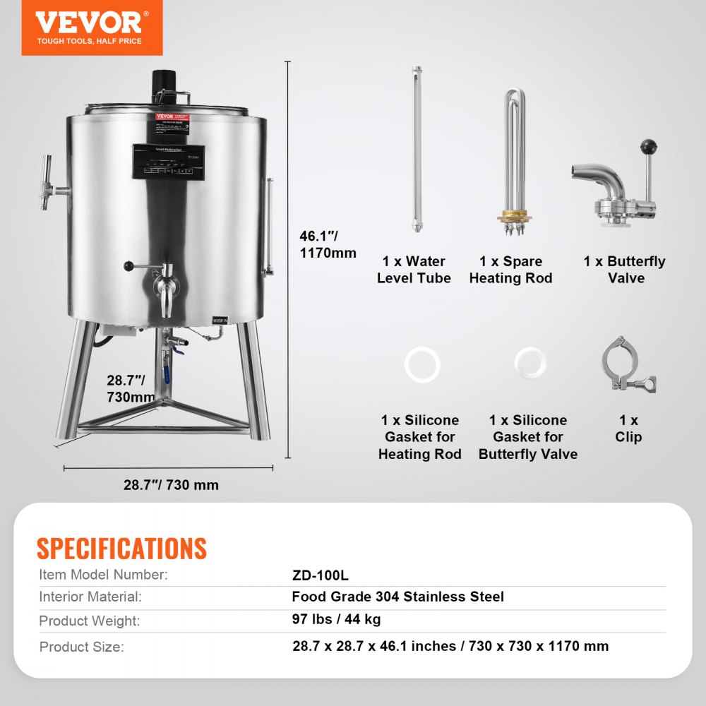 VEVOR Milk Pasteurizer 100L, Commercial Milk Pasteurization Machine, Food Grade 304 Stainless Steel, Professional Pasteurization with Time and Temperature Control, for Milk Juice Yogurt Sterilization
