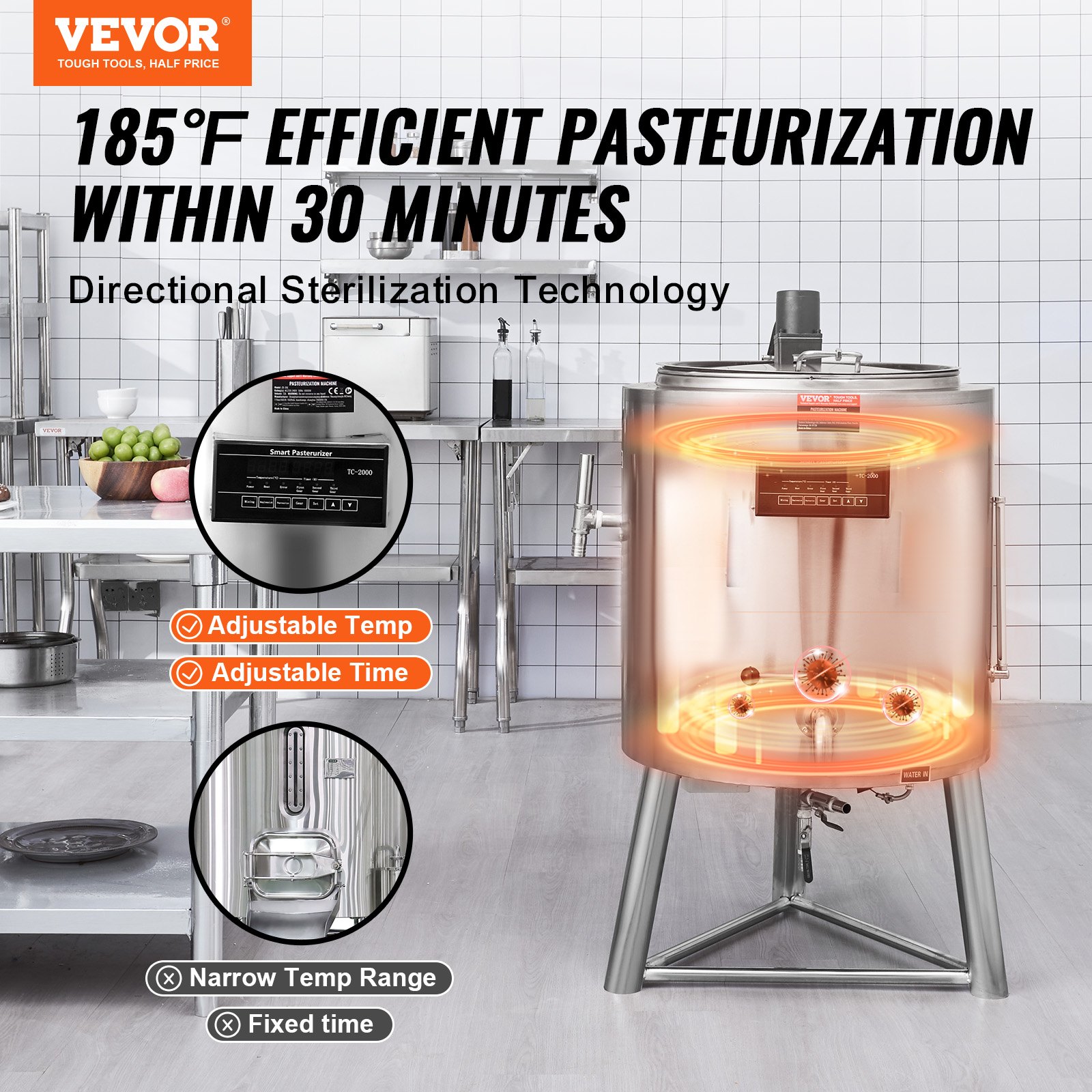 VEVOR Milk Pasteurizer 100L, Commercial Milk Pasteurization Machine, Food Grade 304 Stainless Steel, Professional Pasteurization with Time and Temperature Control, for Milk Juice Yogurt Sterilization