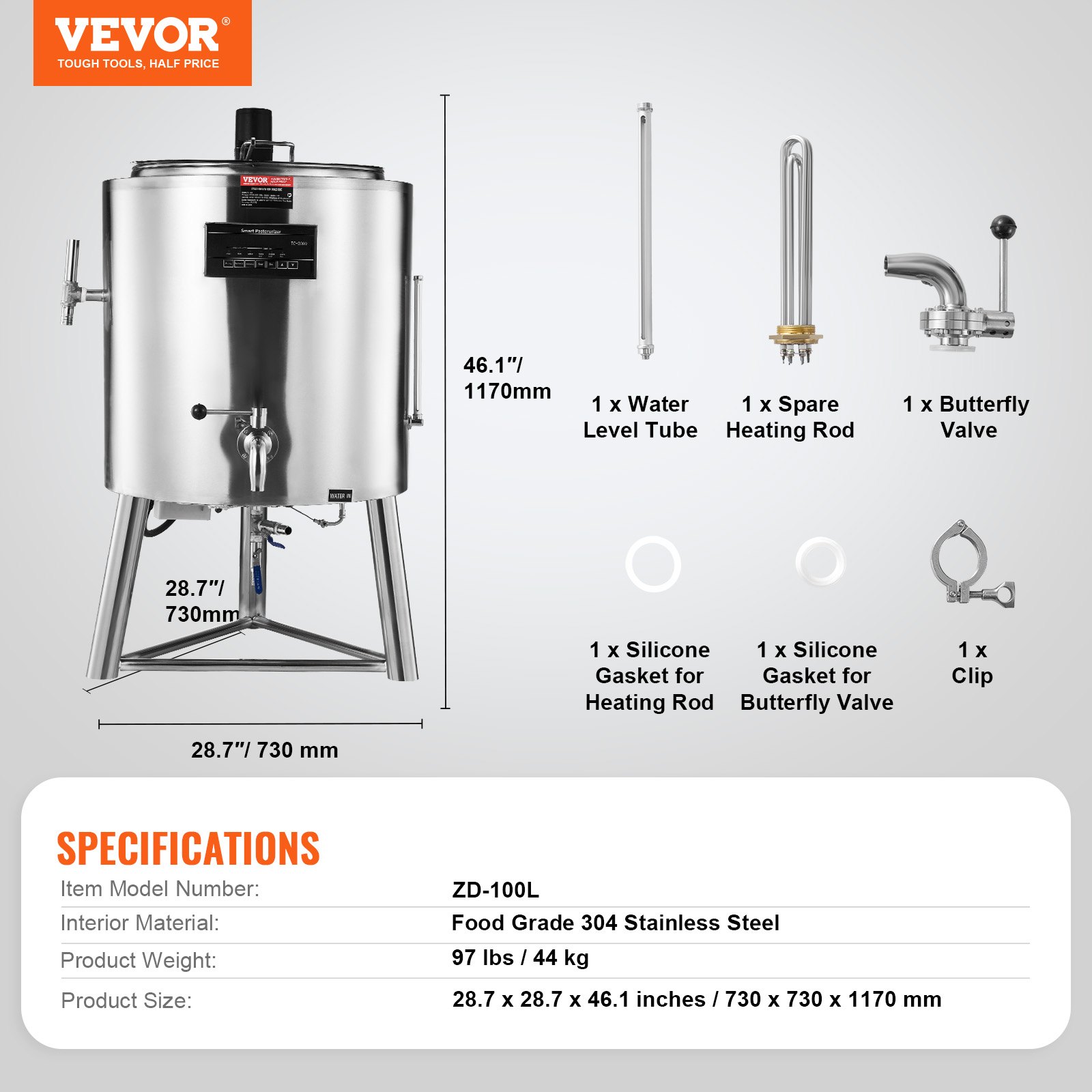 VEVOR Milk Pasteurizer 100L, Commercial Milk Pasteurization Machine, Food Grade 304 Stainless Steel, Professional Pasteurization with Time and Temperature Control, for Milk Juice Yogurt Sterilization