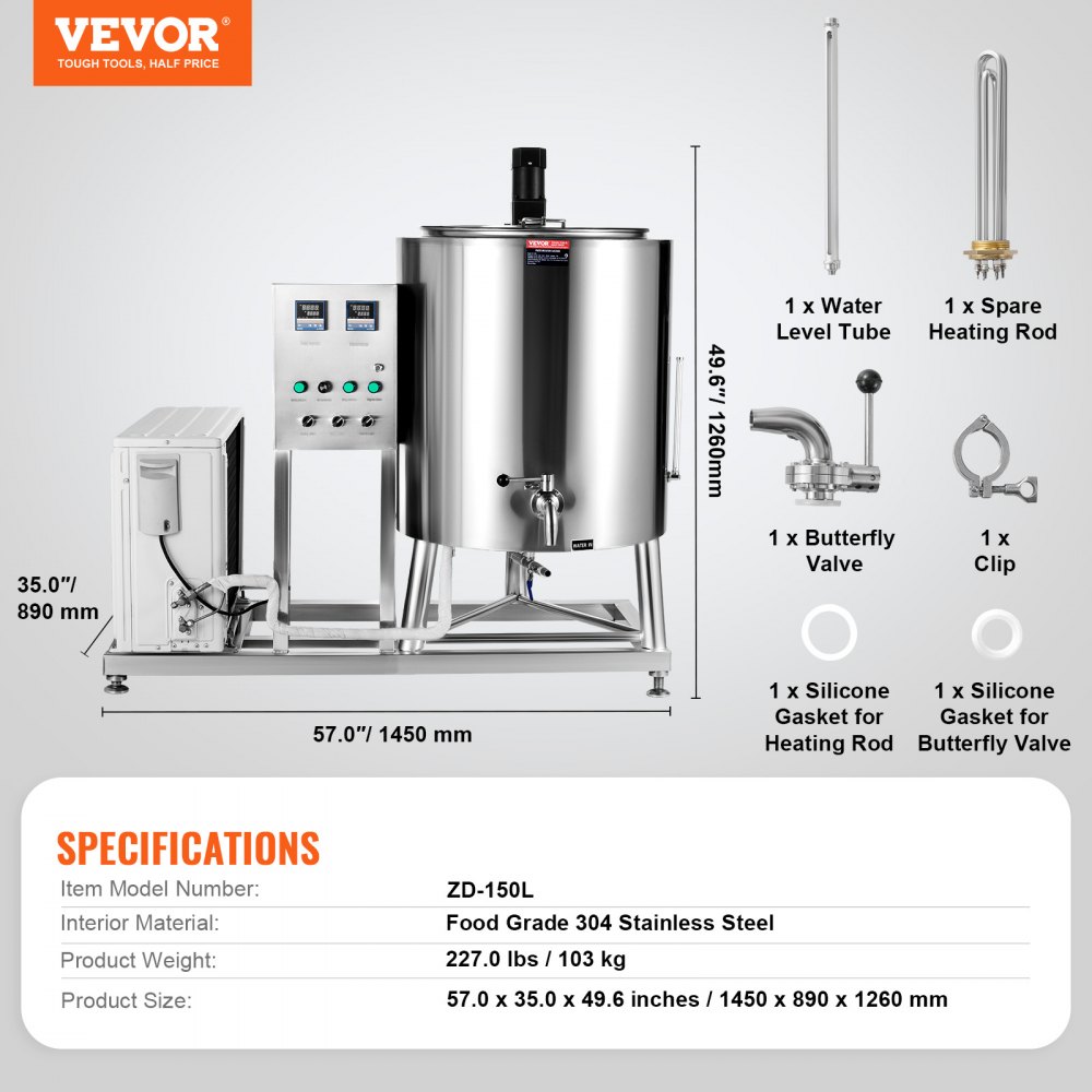 VEVOR Milk Pasteurizer 150L, Commercial Milk Pasteurization Machine, Food Grade 304 Stainless Steel, Professional Pasteurization with Time and Temperature Control, for Milk Juice Yogurt Sterilization
