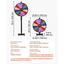 VEVOR 24 in Spinning Prize Wheel, 14 Slots Spinning Wheel with Stand, Adjustable Height Win Fortune Roulette with a Dry Erase and 2 Markers, 6 Colors, Easy Assembly, for Party Pub Trade Show Carnival