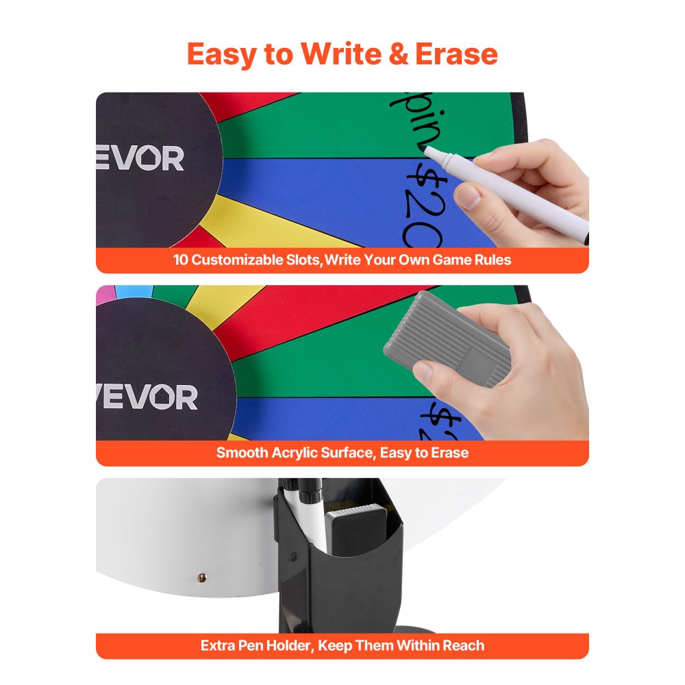 VEVOR 914 mm Spinning Prize Wheel, 18 Slots Spinning Wheel with Stand, Adjustable Height Win Fortune Roulette with a Dry Erase and 2 Markers, 6 Colors, Easy Assembly, for Party Pub Trade Show Carnival