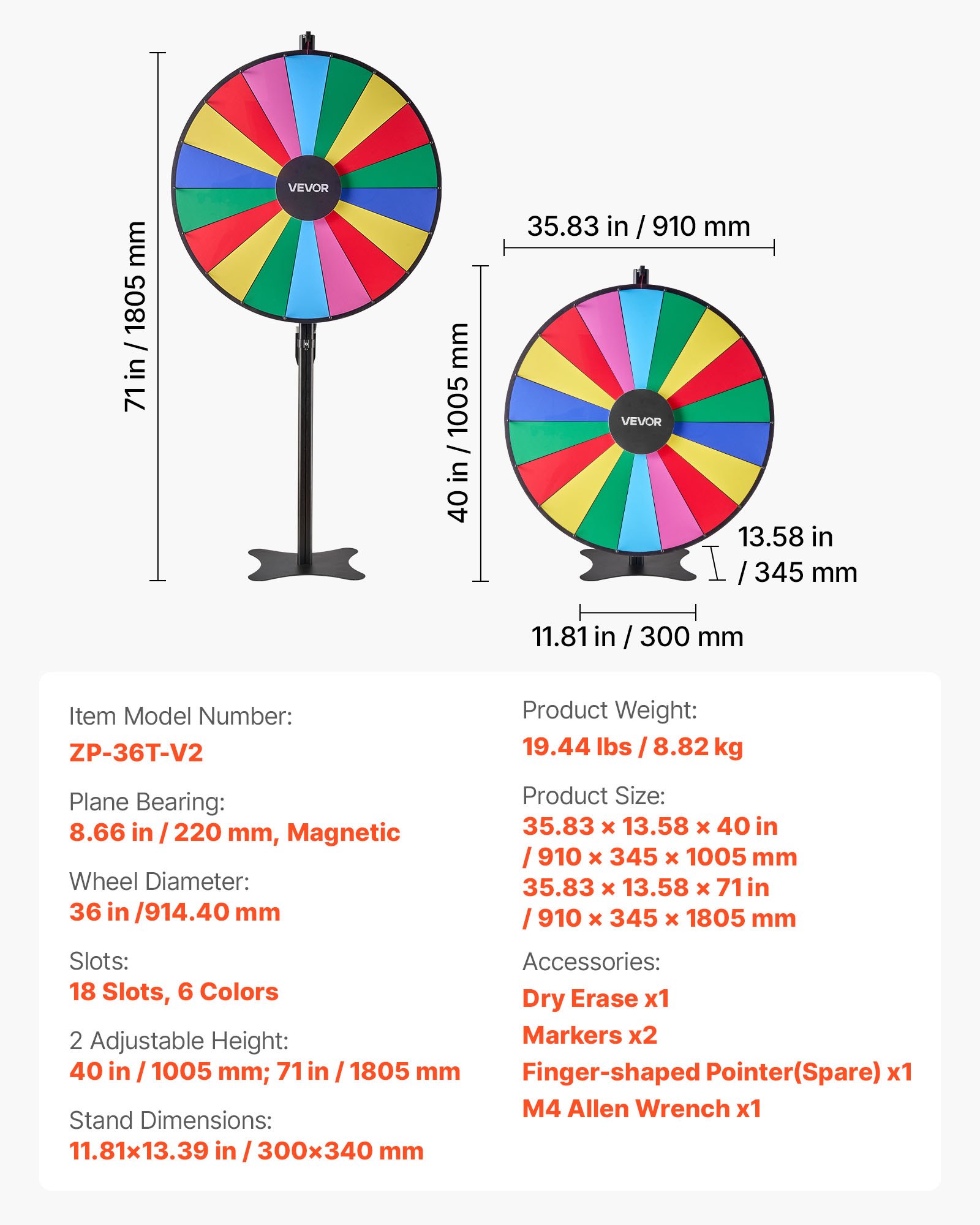 VEVOR 914 mm Spinning Prize Wheel, 18 Slots Spinning Wheel with Stand, Adjustable Height Win Fortune Roulette with a Dry Erase and 2 Markers, 6 Colors, Easy Assembly, for Party Pub Trade Show Carnival