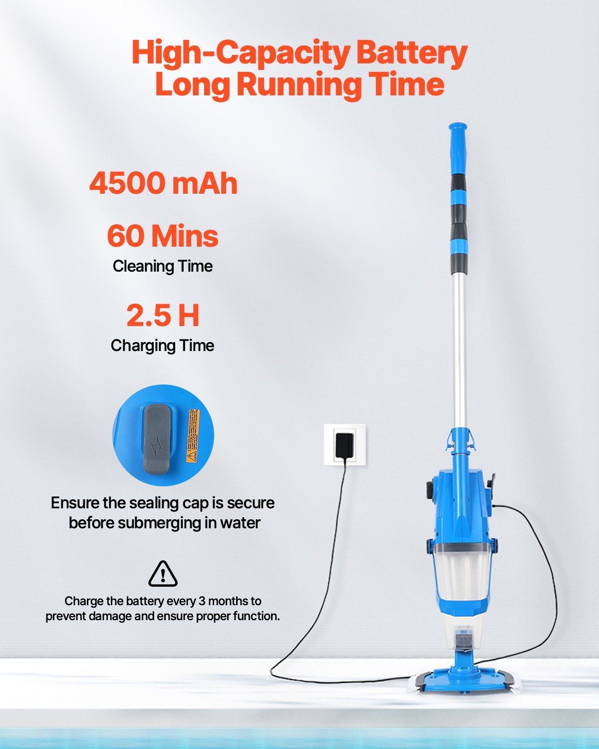 VEVOR Pool Vacuum, 26 GPM Handheld Cordless Hot Tub Vacuum with Extension Pole, for Deep Cleaning & Strong Suction, Rechargeable Pool Cleaner, Running up to 1Hour, for Above Ground/Inground Pool Spas