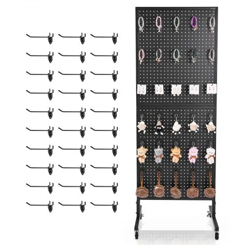 VEVOR Standing Pegboard Display, 60 x 160 cm Pegboard Display Stand with Swivel Casters and 30 Hooks, Thickened Cold-Rolled Steel Peg Board Panel for Grocery, Retail Store and Jewelry Shop, Black