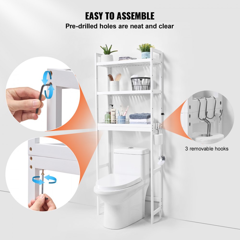 VEVOR Over the Toilet Storage, 3-Tier Adjustable Over Toilet Bathroom Organizer, Bamboo Storage Shelf Rack with 3 Hooks, Freestanding Easy Assembly Laundry Space Saver, Fit Most Toilets, White