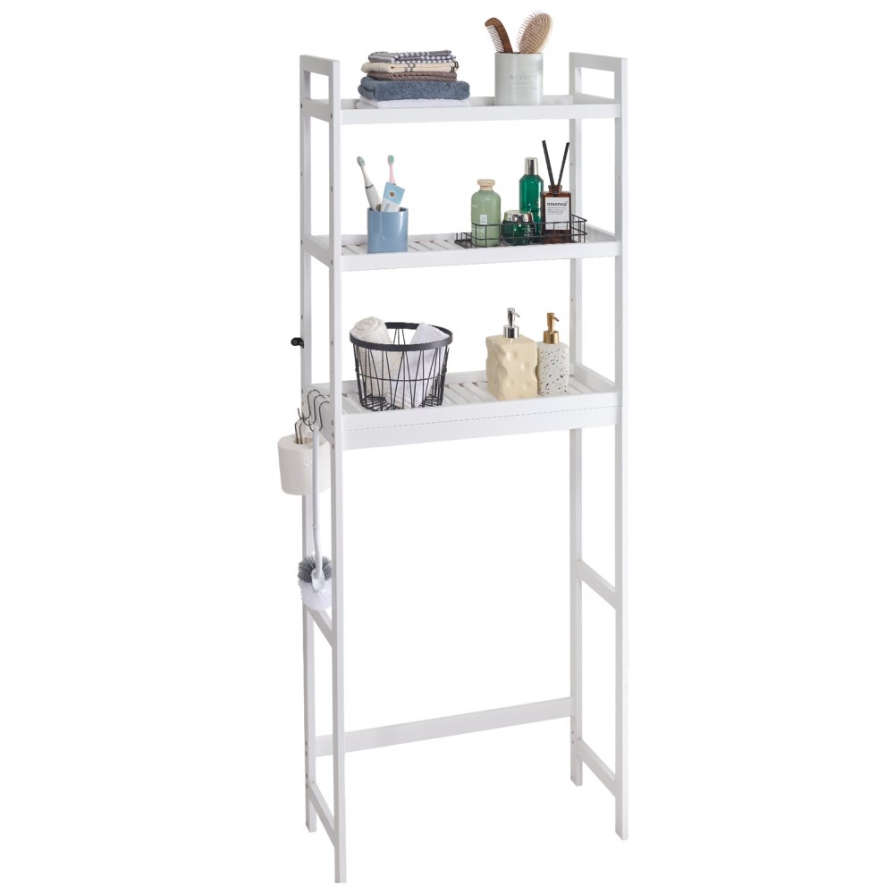VEVOR Over the Toilet Storage, 3-Tier Adjustable Over Toilet Bathroom Organizer, Bamboo Storage Shelf Rack with 3 Hooks, Freestanding Easy Assembly Laundry Space Saver, Fit Most Toilets, White