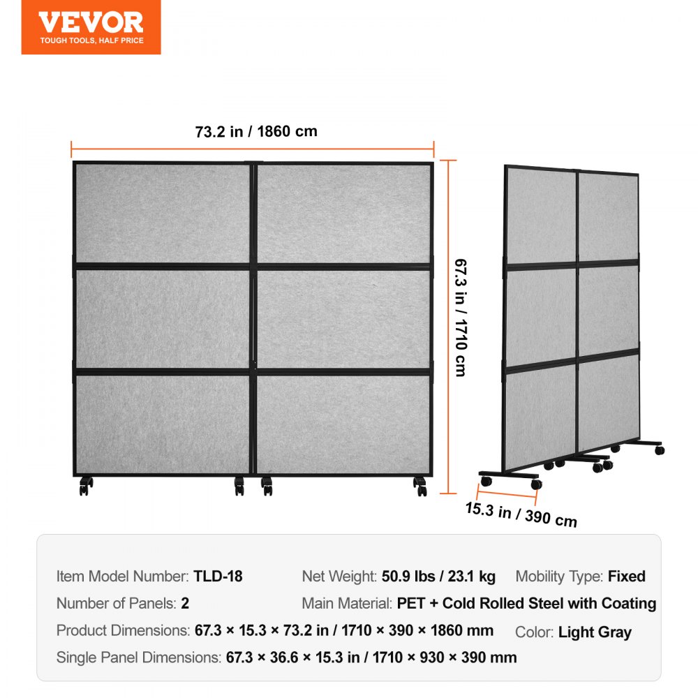 VEVOR Office Divider, 2 Panel Office Partition, Freestanding Office Divider Wall Partition & Privacy Divider Reduce Noise and Room Separation, Light Grey