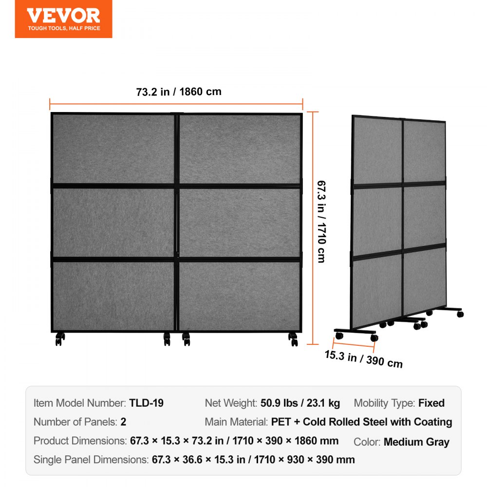 VEVOR Office Divider, 2 Panel Office Partition, Freestanding Office Divider Wall Partition & Privacy Divider Reduce Noise and Room Separation, Dark Grey