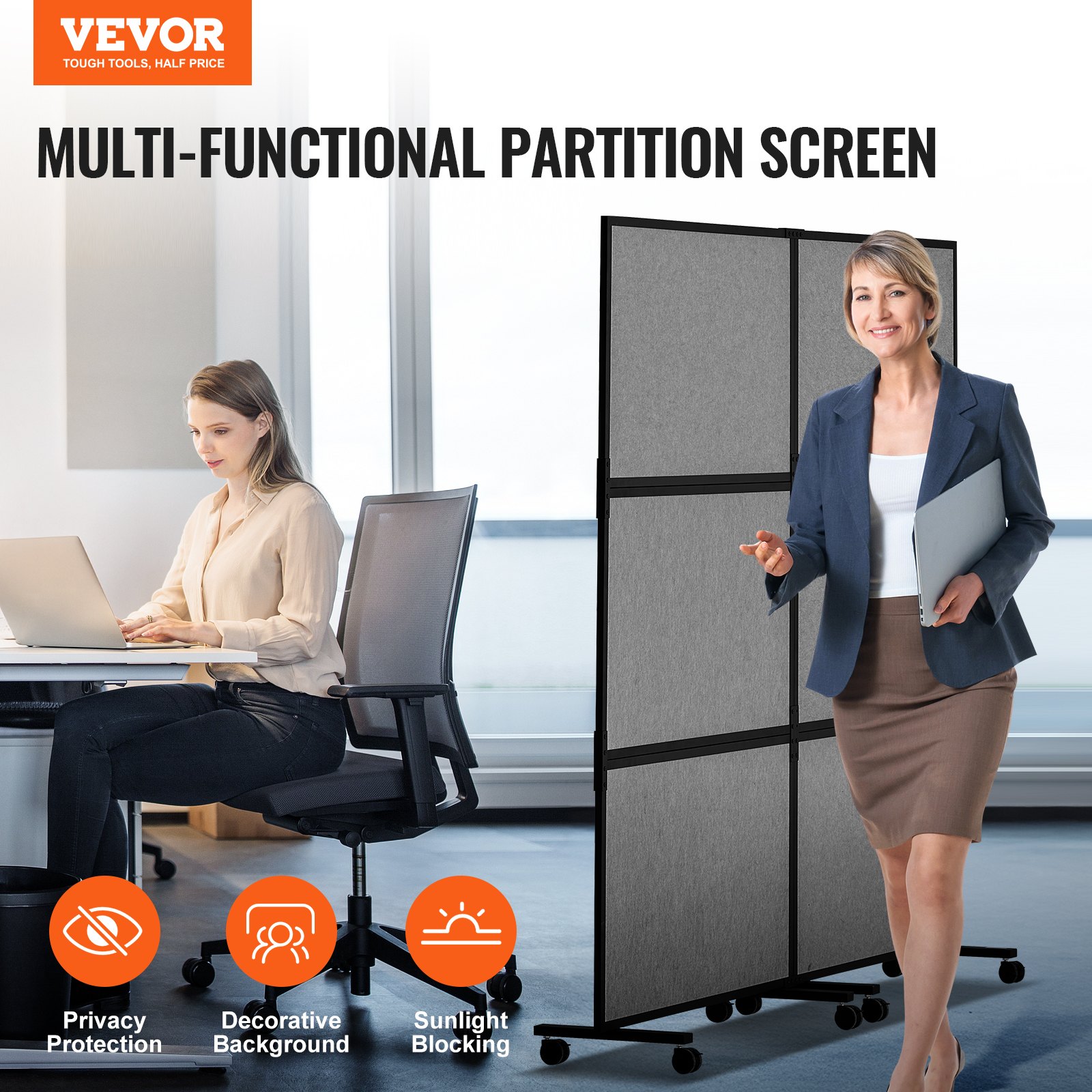VEVOR Office Divider, 2 Panel Office Partition, Freestanding Office Divider Wall Partition & Privacy Divider Reduce Noise and Room Separation, Dark Grey