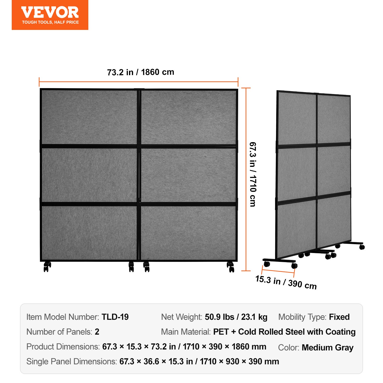 VEVOR Office Divider, 2 Panel Office Partition, Freestanding Office Divider Wall Partition & Privacy Divider Reduce Noise and Room Separation, Dark Grey