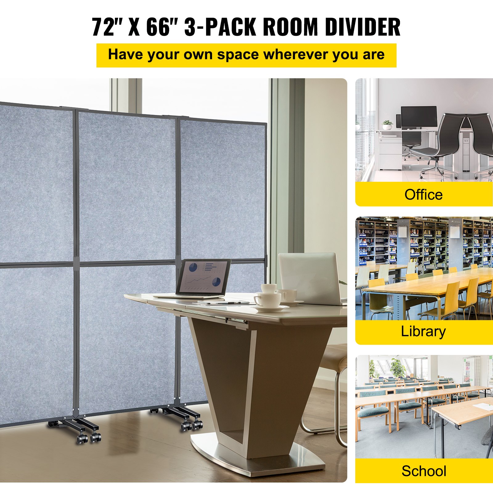 VEVOR Acoustic Room Divider 72\" x 66\" Office Partition Panel 3 Pack Office Divider Wall Light Gray Office Dividers Partition Wall Polyester & 45 Steel Cubicle Wall Reduce Noise and Visual Distractio