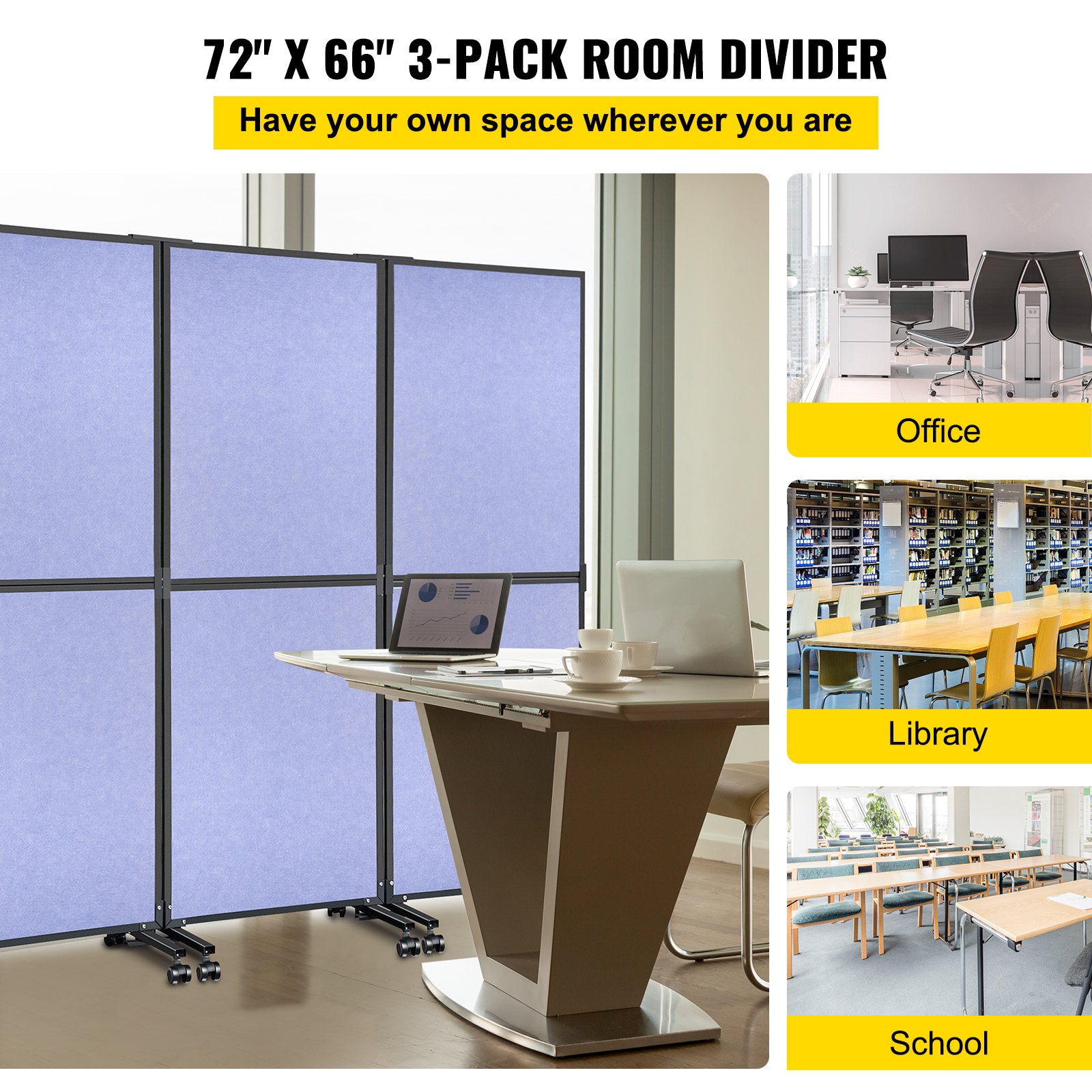 VEVOR Acoustic Room Divider 72\" x 66\" Office Partition Panel 3 Pack Office Divider Wall Steel Blue Office Dividers Partition Wall Polyester & 45 Steel Cubicle Wall Reduce Noise and Visual Distractio