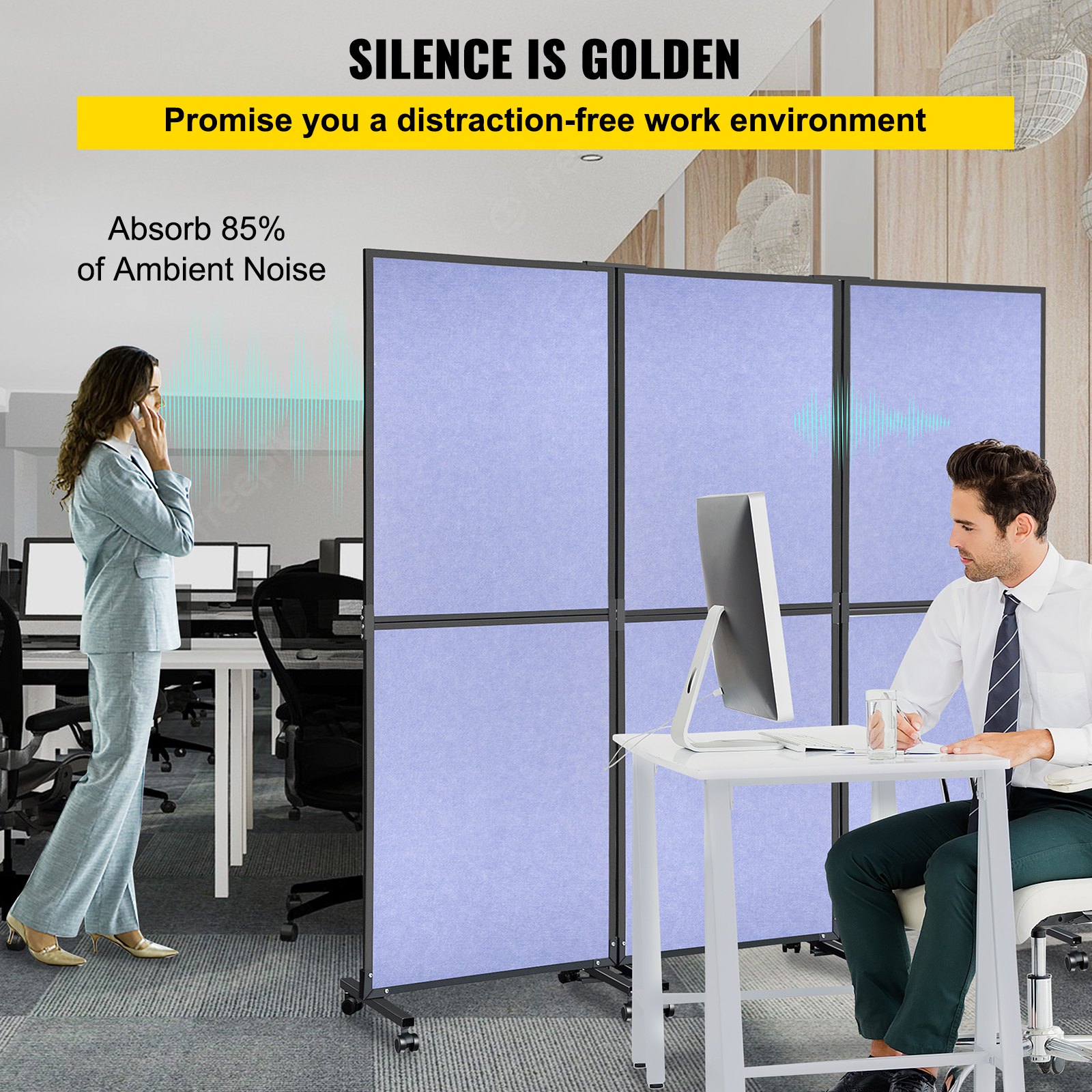 VEVOR Acoustic Room Divider 72\" x 66\" Office Partition Panel 3 Pack Office Divider Wall Steel Blue Office Dividers Partition Wall Polyester & 45 Steel Cubicle Wall Reduce Noise and Visual Distractio