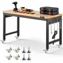 VEVOR 48-Inch Adjustable Workbench, 2000 lbs Load, Work Bench with Power Outlet, Wheels, and Pegboard, Heavy Duty Oak Wood Top Work Table for Garage, Workshop, Office, and Home