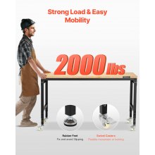 VEVOR 60" Workbench on Wheels Adjustable Height Table with Power Outlet & Pegboard