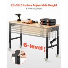 VEVOR 60" Workbench on Wheels Adjustable Height Table with Power Outlet & Pegboard