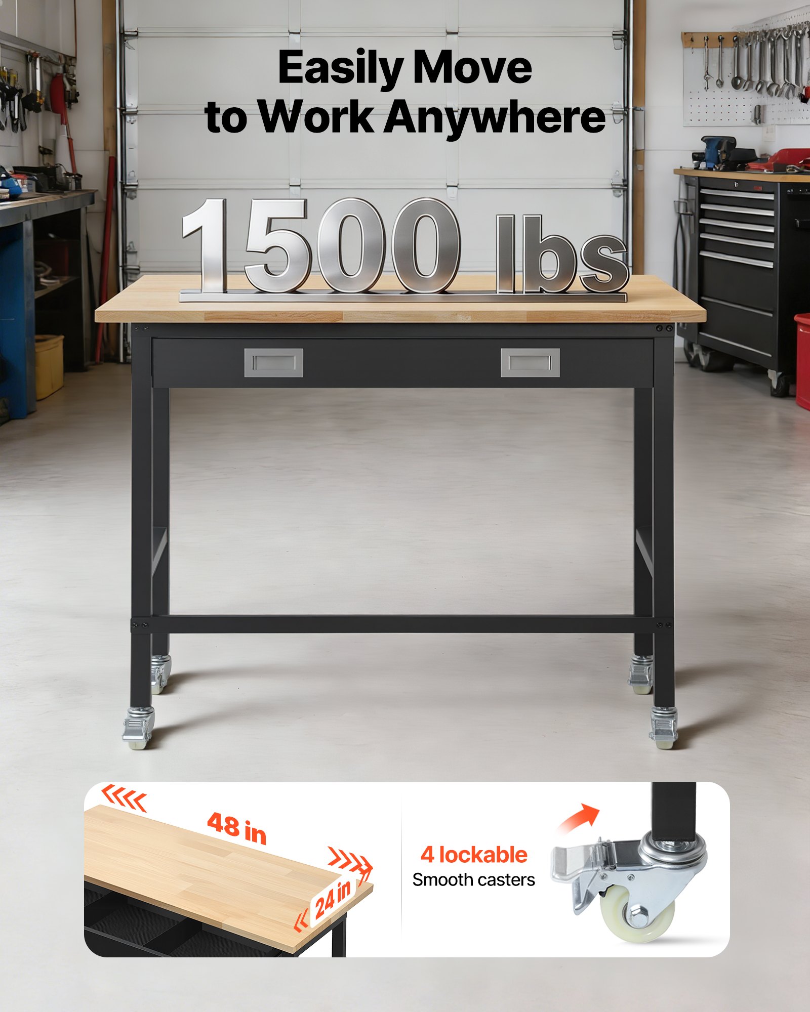 VEVOR 1220 mm Workbench, 680 kg Load Capacity, Garage Workbench with Drawer Storage & Wheels, Workshop Bench on Wheels, Heavy Duty Oak Wood Top Work Table for Garage, Workshop, Office, and Home