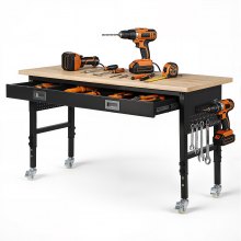 VEVOR 60-inch Adjustable Workbench, 1500 lbs Load Capacity, Garage Workbench with Drawer, Power Outlet, Wheels, and Pegboard, Heavy Duty Oak Wood Top Work Table for Garage, Workshop, Office, and Home
