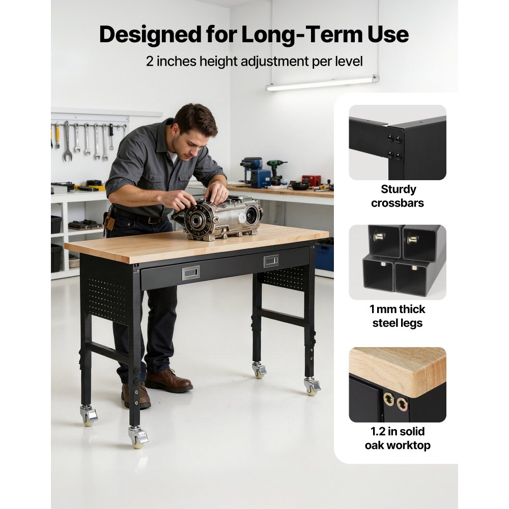 VEVOR 1524 mm Adjustable Workbench, 680 kg Load Capacity, Garage Workbench with Drawer, Power Outlet, Wheels, and Pegboard, Heavy Duty Oak Wood Top Work Table for Garage, Workshop, Office, and Home