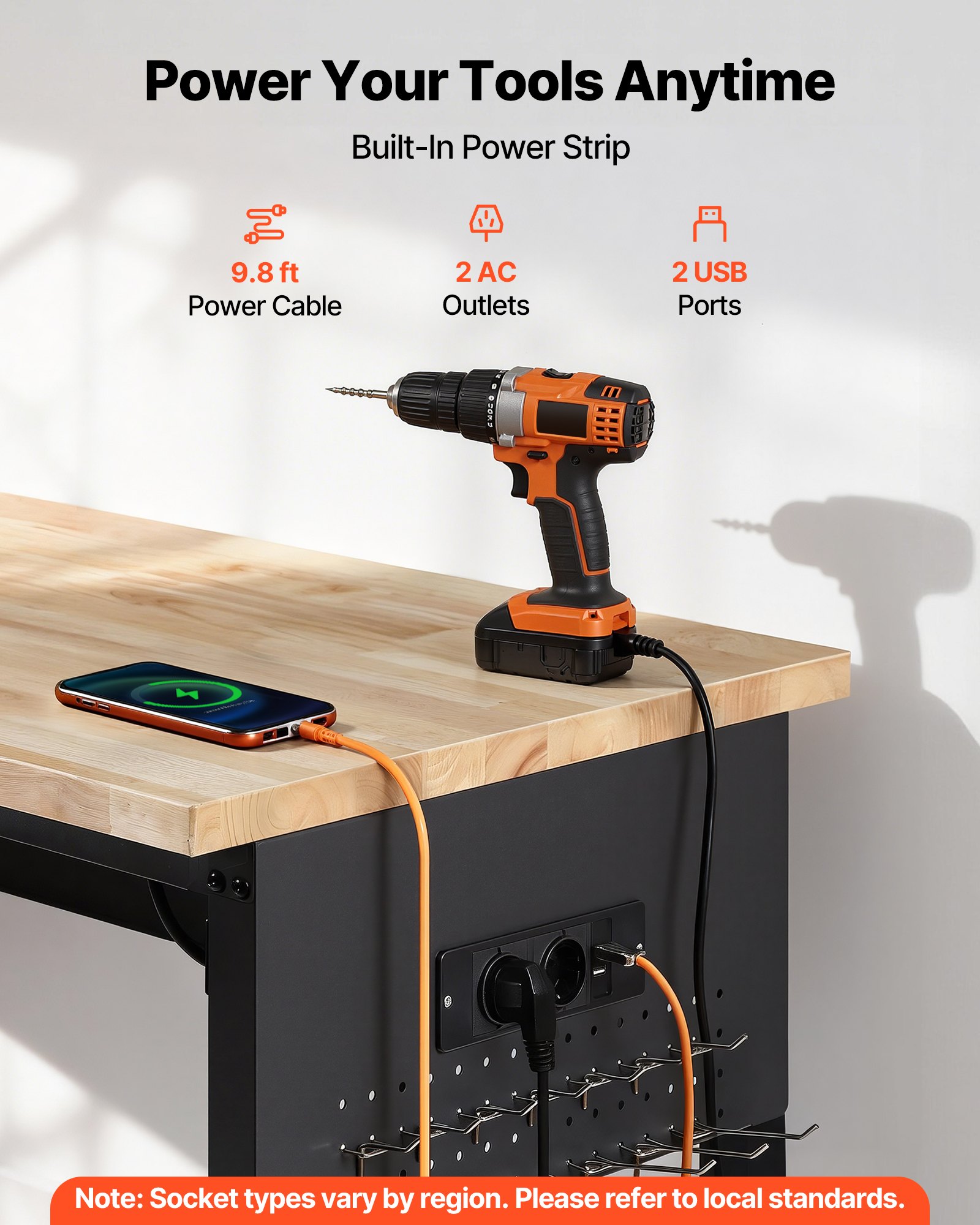 VEVOR 1524 mm Adjustable Workbench, 680 kg Load Capacity, Garage Workbench with Drawer, Power Outlet, Wheels, and Pegboard, Heavy Duty Oak Wood Top Work Table for Garage, Workshop, Office, and Home