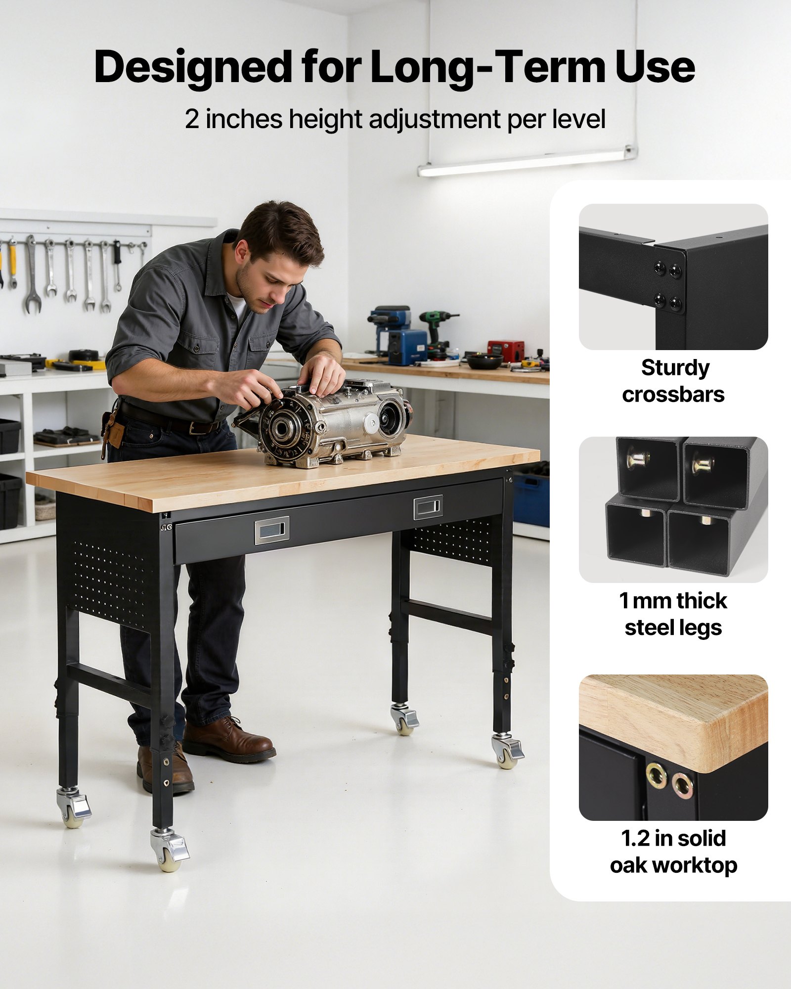 VEVOR 1524 mm Adjustable Workbench, 680 kg Load Capacity, Garage Workbench with Drawer, Power Outlet, Wheels, and Pegboard, Heavy Duty Oak Wood Top Work Table for Garage, Workshop, Office, and Home