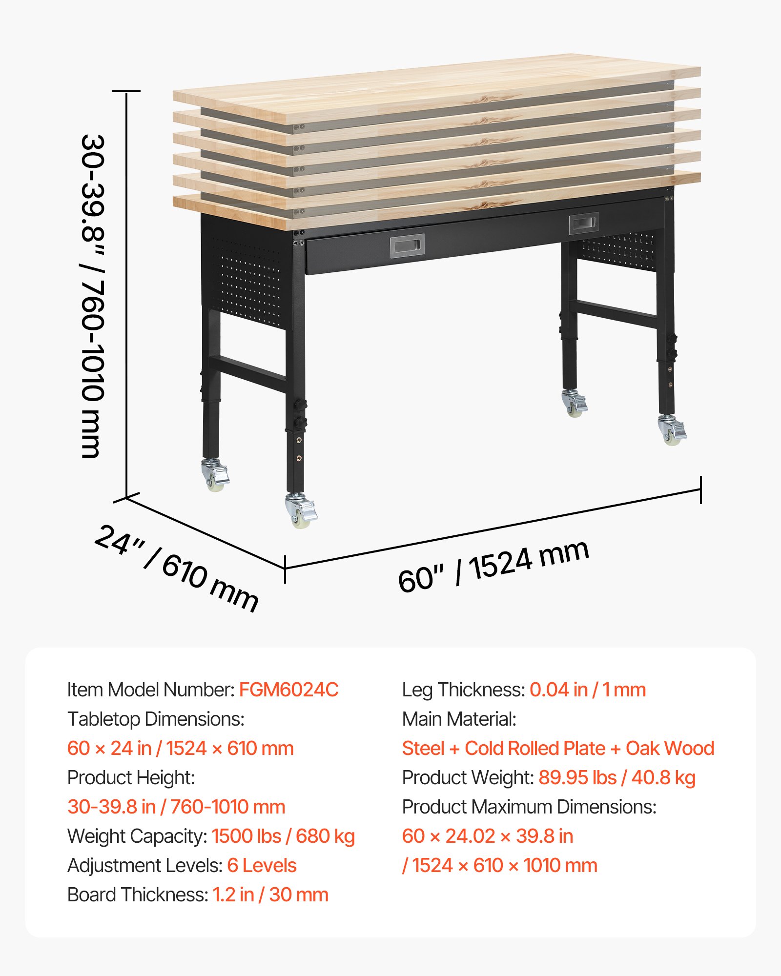 VEVOR 1524 mm Adjustable Workbench, 680 kg Load Capacity, Garage Workbench with Drawer, Power Outlet, Wheels, and Pegboard, Heavy Duty Oak Wood Top Work Table for Garage, Workshop, Office, and Home