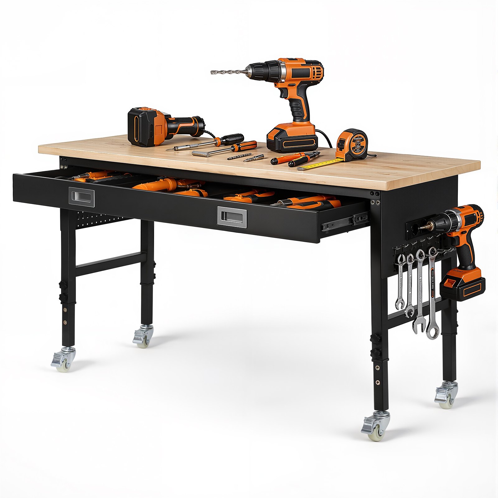 VEVOR 1524 mm Adjustable Workbench, 680 kg Load Capacity, Garage Workbench with Drawer, Power Outlet, Wheels, and Pegboard, Heavy Duty Oak Wood Top Work Table for Garage, Workshop, Office, and Home