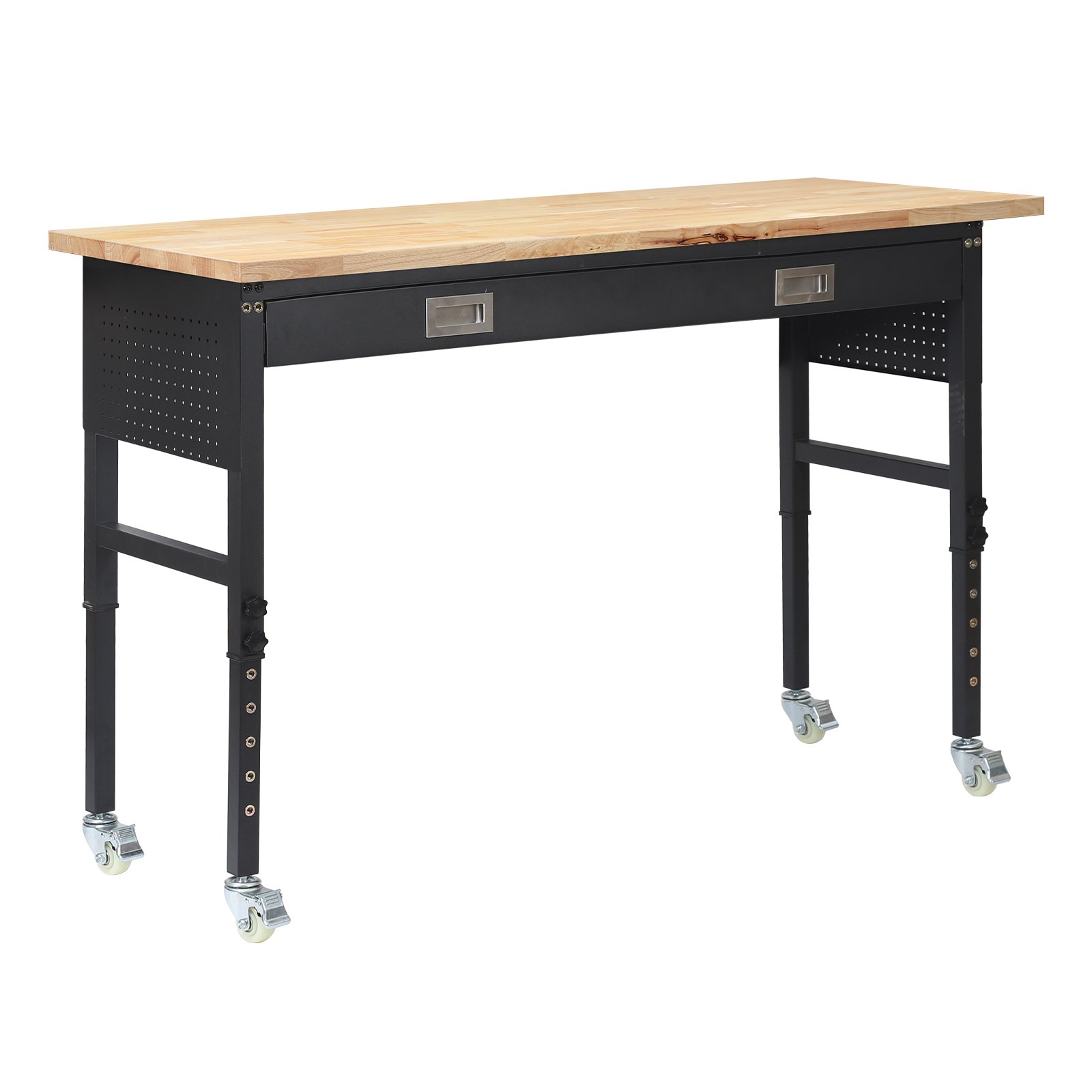 VEVOR 1524 mm Adjustable Workbench, 680 kg Load Capacity, Garage Workbench with Drawer, Power Outlet, Wheels, and Pegboard, Heavy Duty Oak Wood Top Work Table for Garage, Workshop, Office, and Home