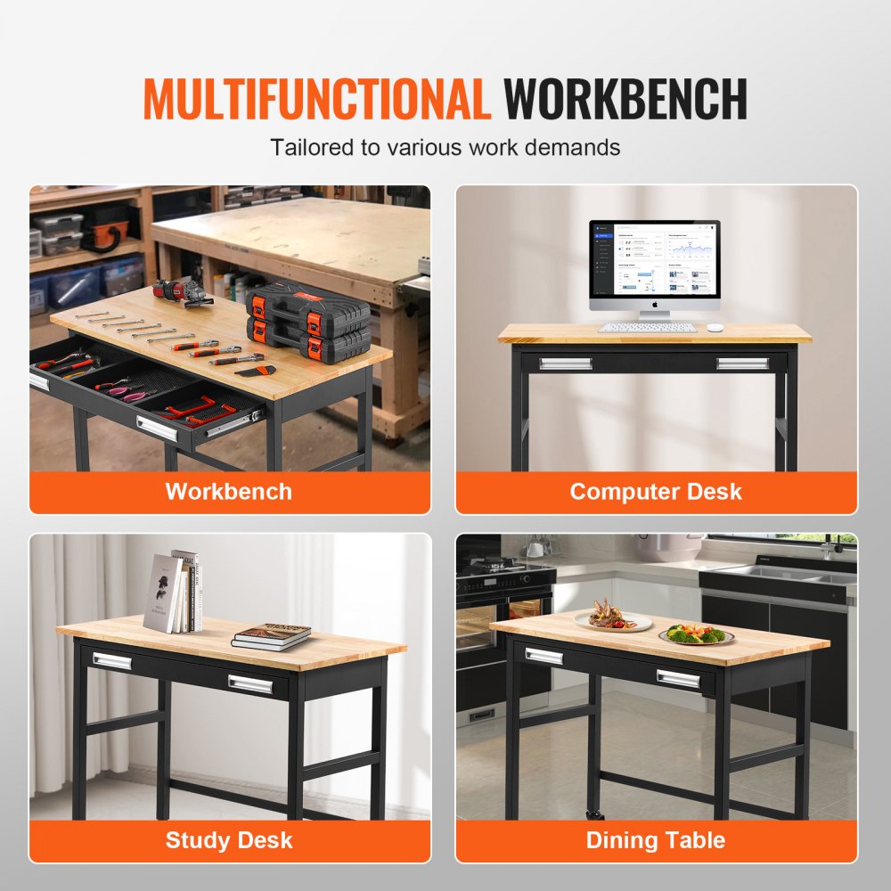 VEVOR 122 x 62cm Workbench on Wheels Wood Top Table with Drawer Organizer 680 kg