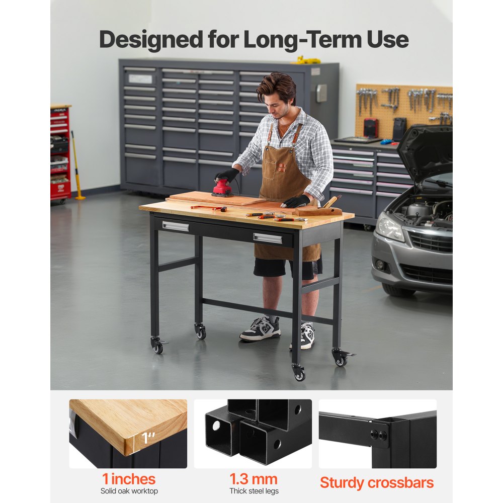 VEVOR 48-inch Workbench, 1500 lbs Load Capacity, Garage Workbench with Drawer Storage & Wheels, Workshop Bench on Wheels, Heavy Duty Oak Wood Top Work Table for Garage, Workshop, Office, and Home