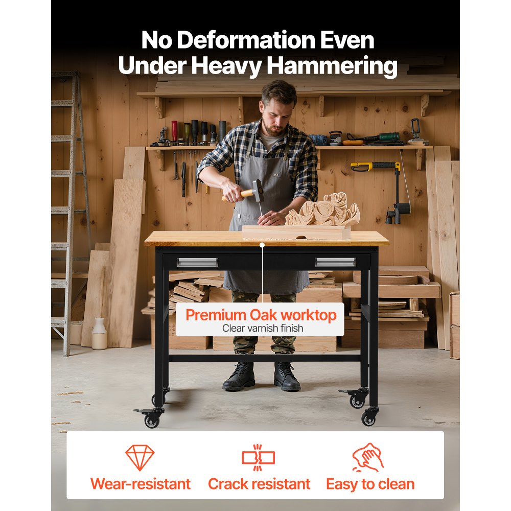 VEVOR 48-inch Workbench, 1500 lbs Load Capacity, Garage Workbench with Drawer Storage & Wheels, Workshop Bench on Wheels, Heavy Duty Oak Wood Top Work Table for Garage, Workshop, Office, and Home